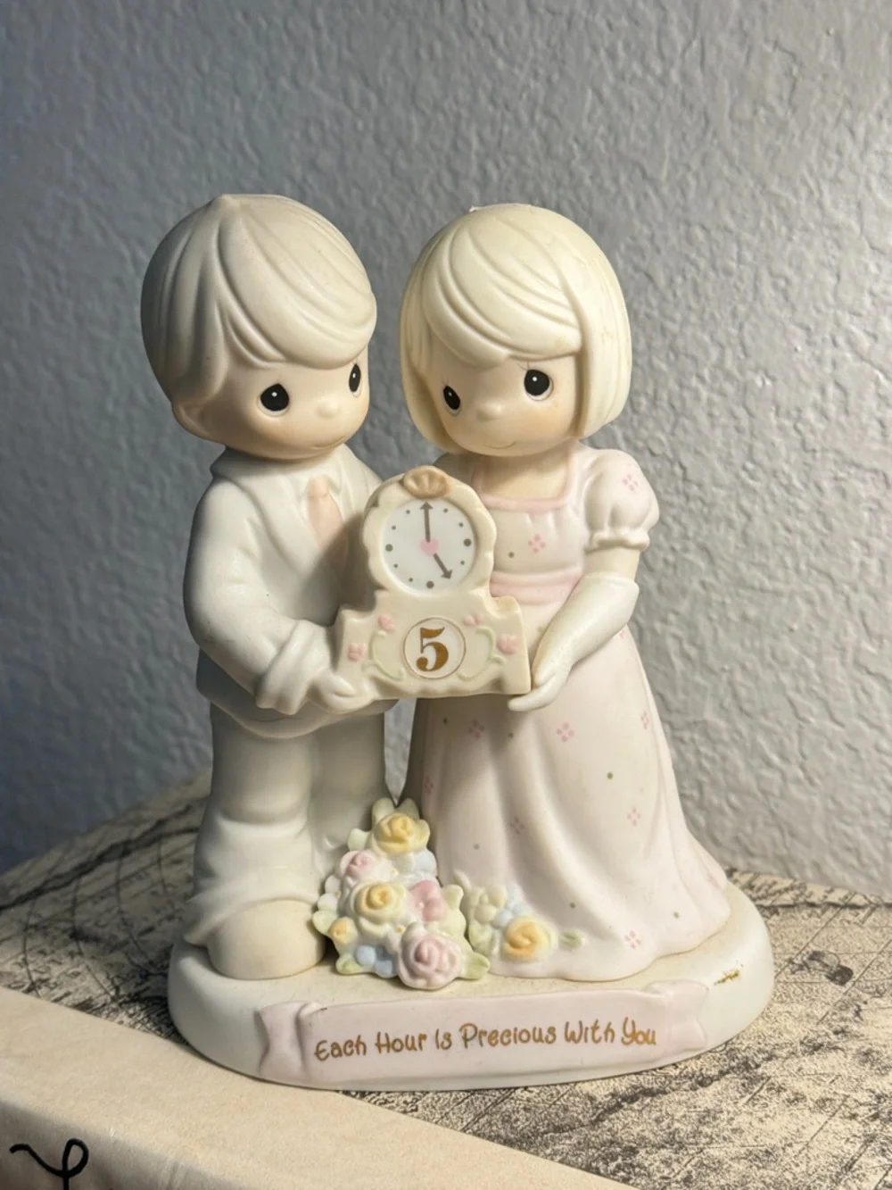 Precious Moments Cream and Pink Porcelain Couple Figurine with Clock